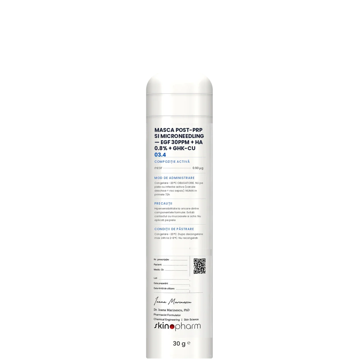 Preparat Magistral Masca Post-PRP si Microneedling — EGF 30ppm + HA 0.8% + GHK-Cu SkinoPharm