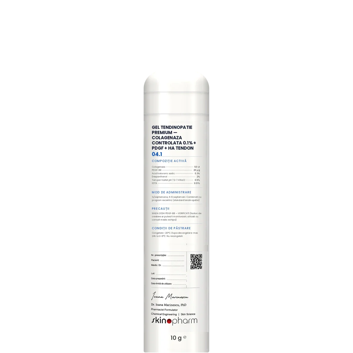 Preparat Magistral Gel Tendinopatie Premium — Colagenaza Controlata 0.1% + PDGF + HA Tendon SkinoPharm