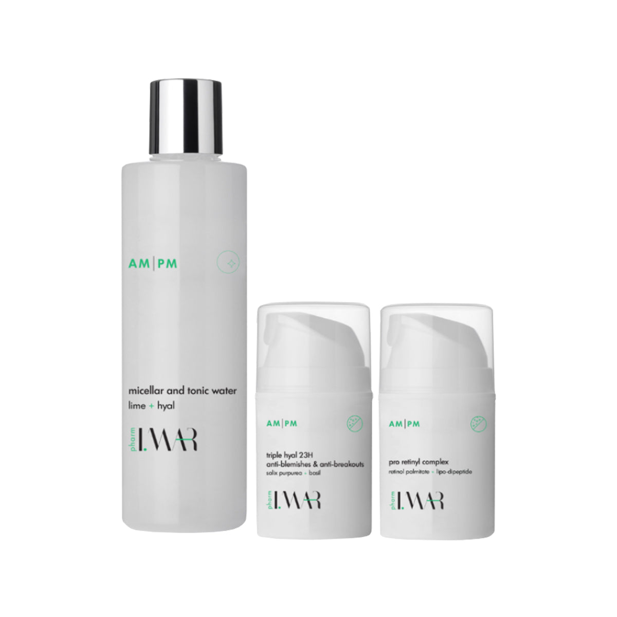 Faza 1 - estompare imperfecțiuni acneice: Apă micelară & tonică - lime, acid hialuronic, 250 ml, cremă Triple Hyal 23H, 50 ml, cremă Pro Retinyl Complex 0.1